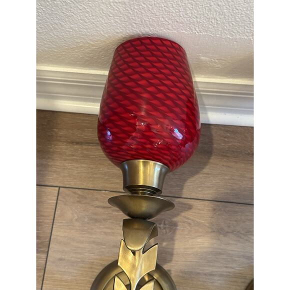 Bombay & Co Gold Leaf Wall Sconces Pair Red Glass Shades Interchangeable - Picture 6 of 14